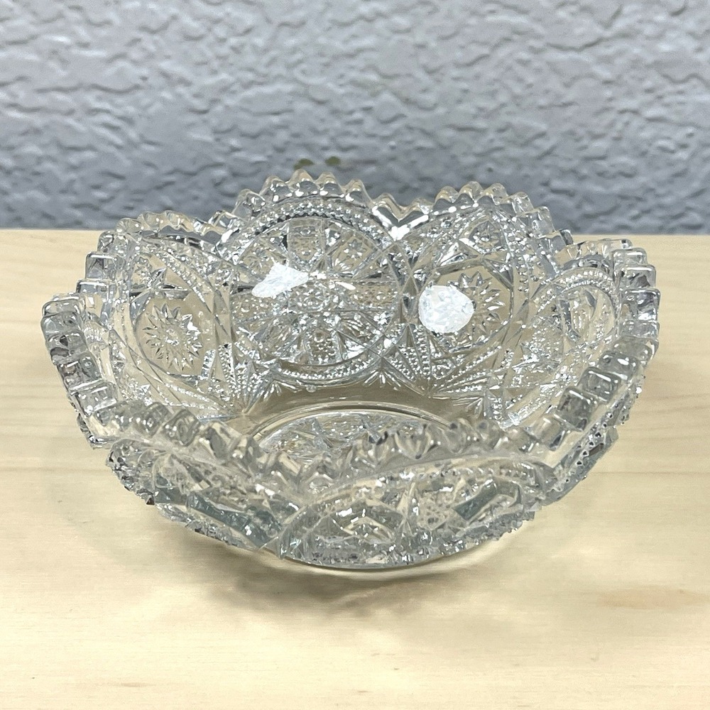Vintage Pressed Glass Bowl Sawtooth Edge Starburst & Hobstars Pattern Dish 4.5"
